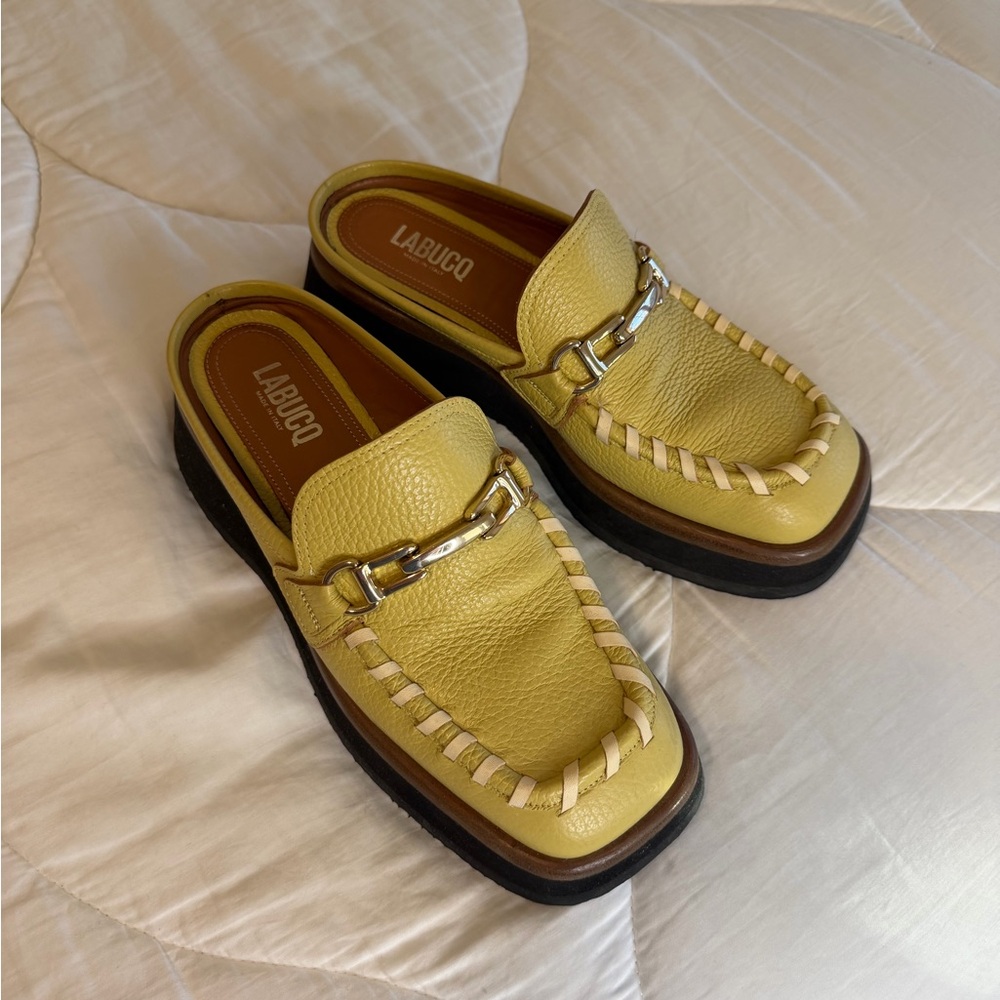 Labucq Koko Moc Loafer Mules Women’s Size 38 Salvia Green Leather w/ Whipstitch - Picture 3 of 8